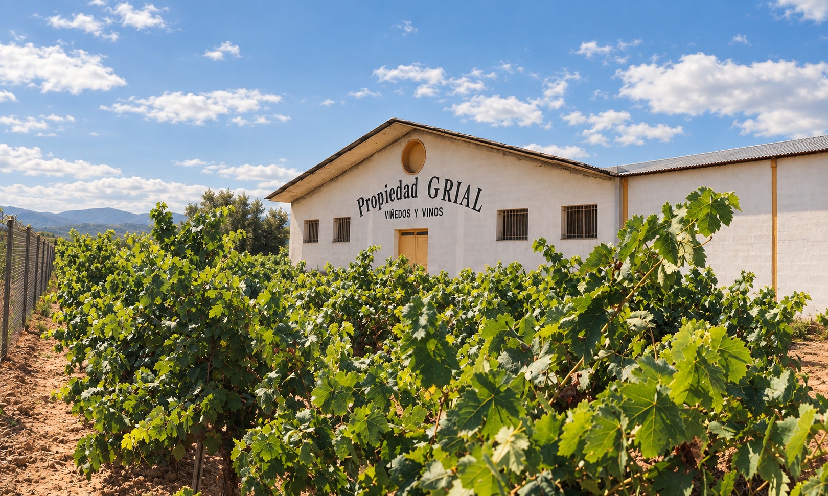 Bodega Propiedad Grial rodeada por sus viñedos