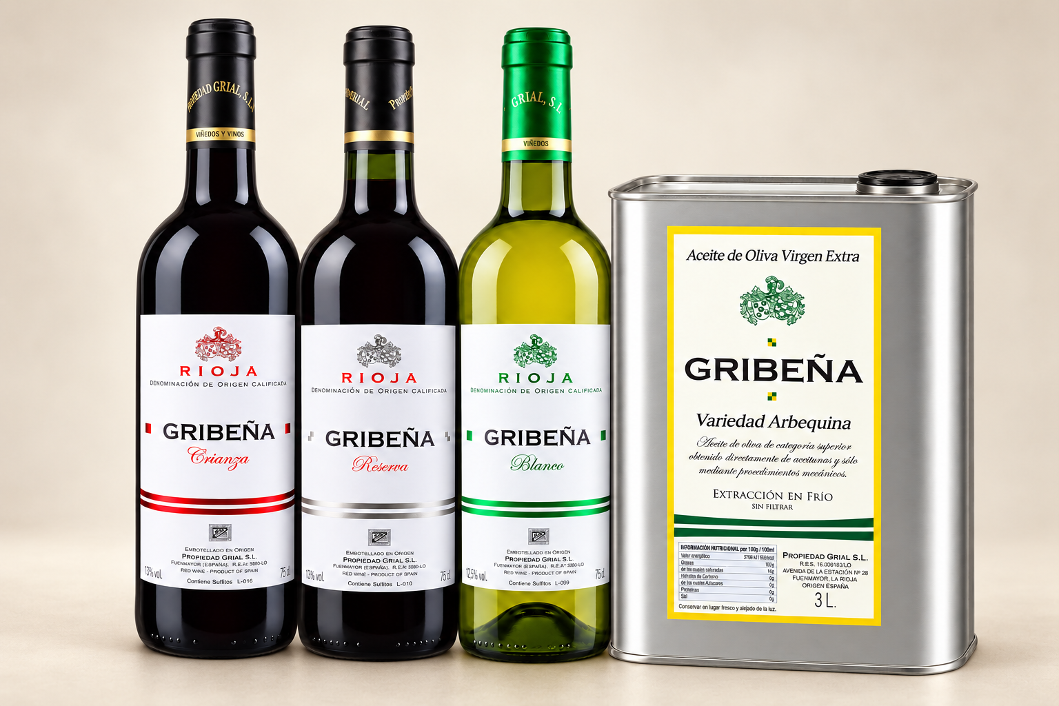Gama Gribeña: vinos Crianza, Reserva y Blanco junto al aceite de oliva virgen extra Arbequina